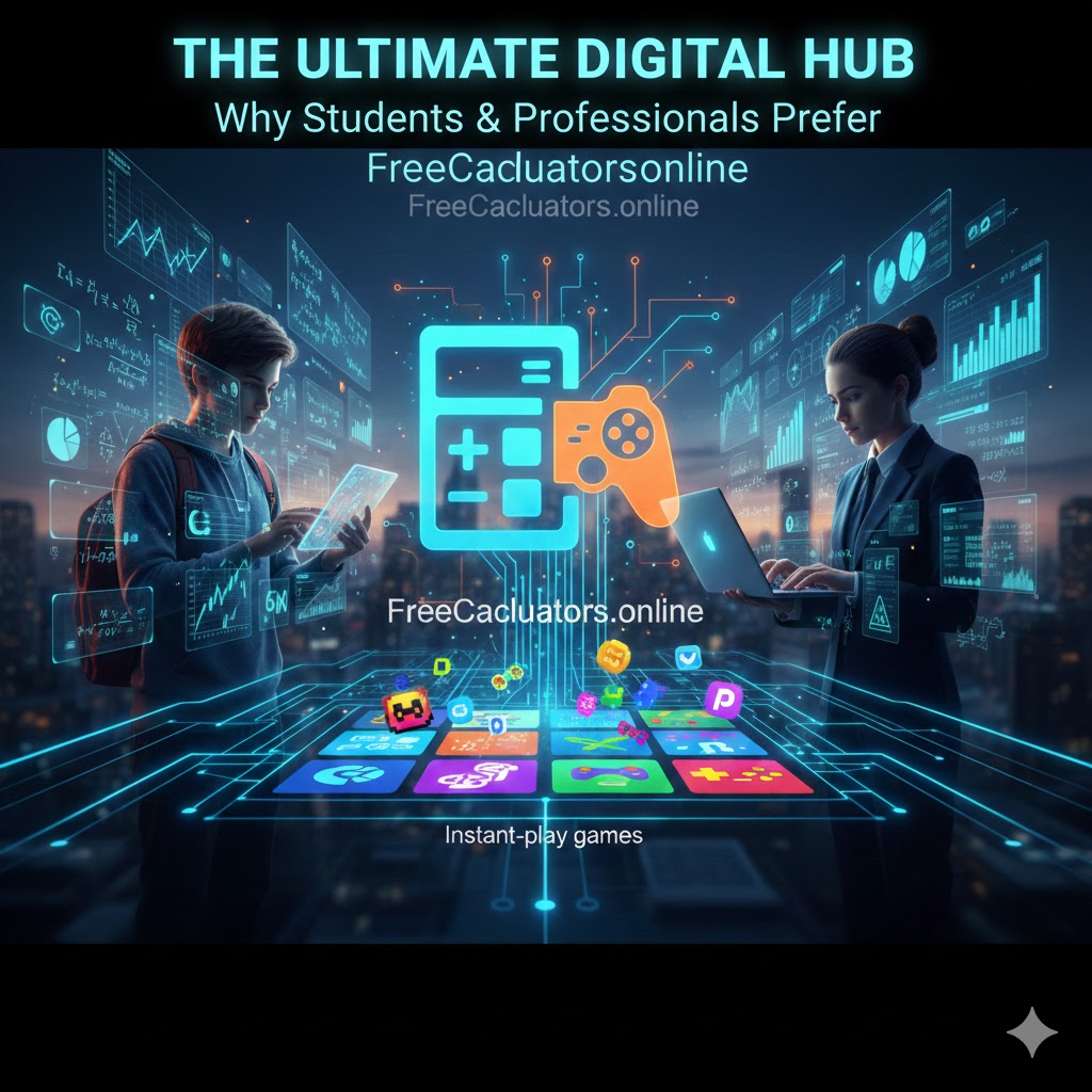 Students and professionals using an all-in-one digital utility hub with calculators and games.