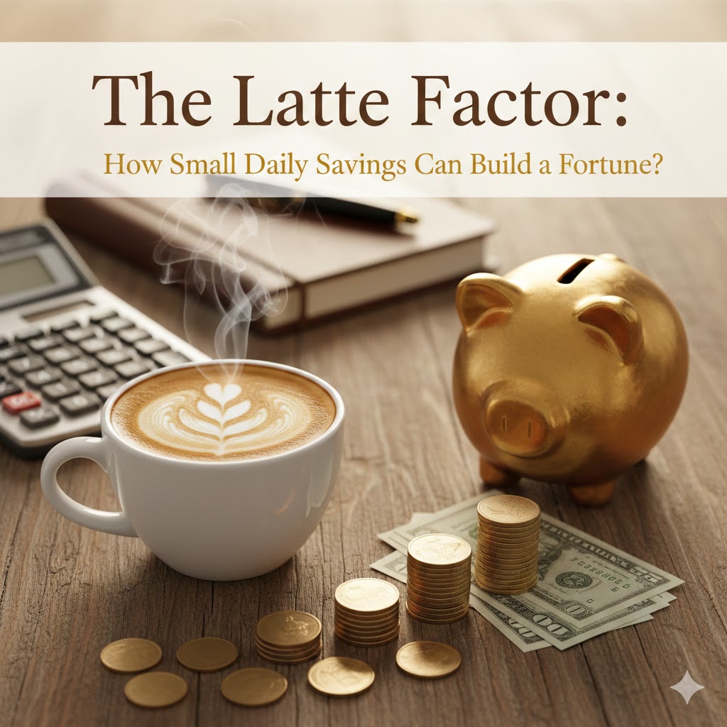 A latte cup with heart art on a wooden table next to a golden piggy bank, stacks of coins, and a calculator with the text 'The Latte Factor: How Small Daily Savings Can Build a Fortune?