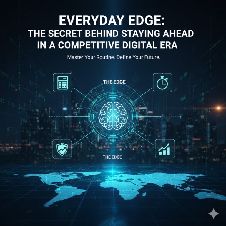 A conceptual digital image of a human brain surrounded by productivity icons like calculators and clocks, featuring the text "Everyday Edge: The Secret Behind Staying Ahead in a Competitive Digital Era