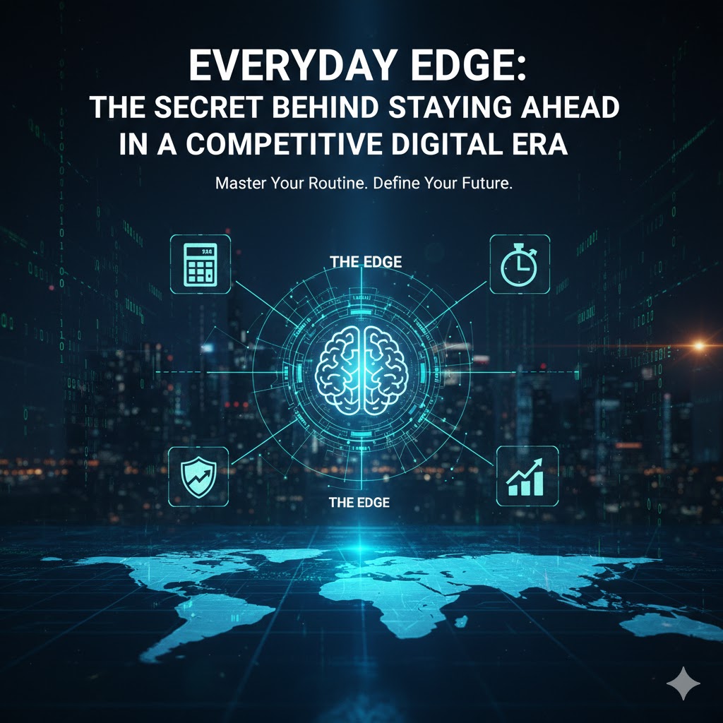 A conceptual digital image of a human brain surrounded by productivity icons like calculators and clocks, featuring the text "Everyday Edge: The Secret Behind Staying Ahead in a Competitive Digital Era