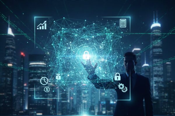 A professional businessman interacting with a futuristic digital interface showing financial data and icons, titled "The Digital Wealth Matrix