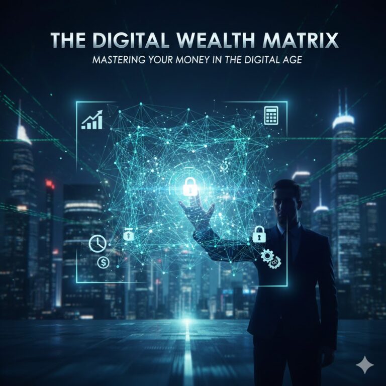 A professional businessman interacting with a futuristic digital interface showing financial data and icons, titled "The Digital Wealth Matrix