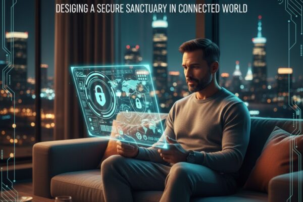 A man sitting comfortably on a sofa in a modern apartment, interacting with a glowing holographic security screen displaying a large padlock and data charts, with a city skyline in the background.