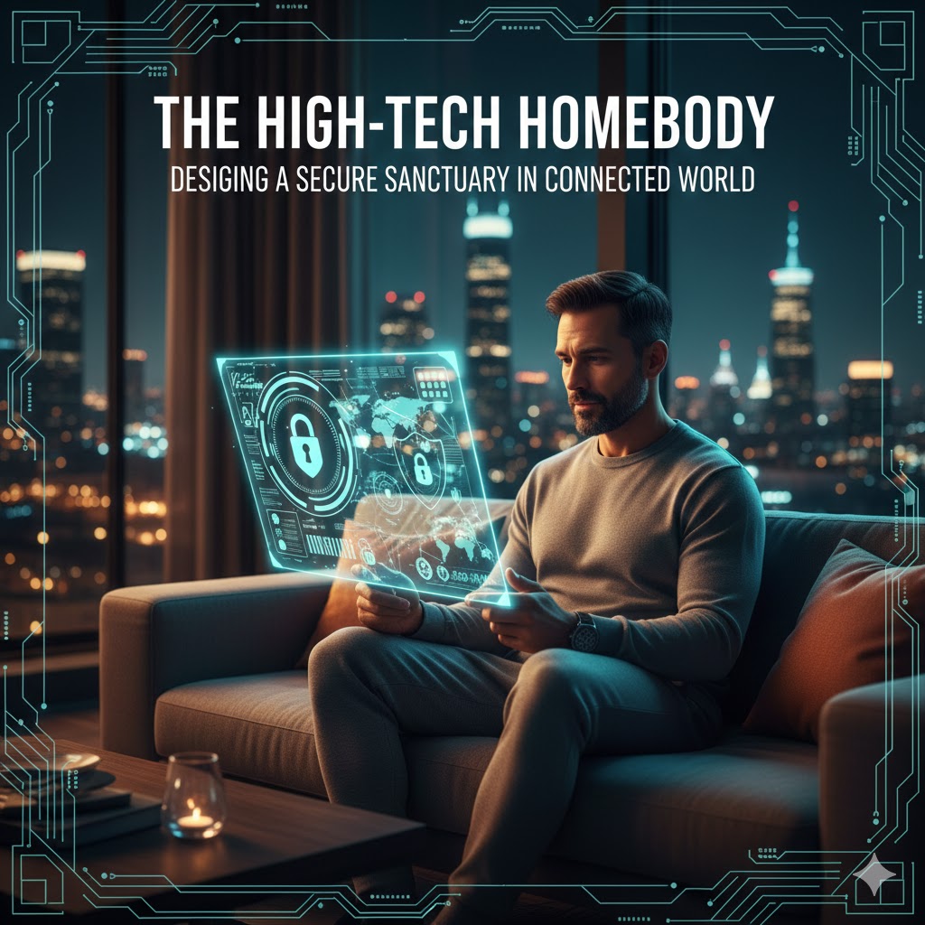 A man sitting comfortably on a sofa in a modern apartment, interacting with a glowing holographic security screen displaying a large padlock and data charts, with a city skyline in the background.