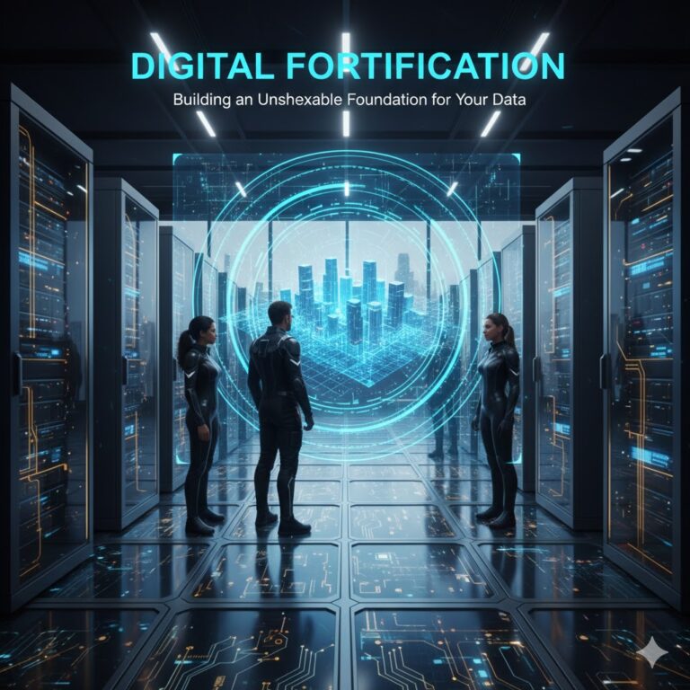 A futuristic data center with people standing before a glowing blue holographic city, symbolizing an unshakeable digital foundation and data security