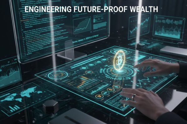 A futuristic financial dashboard showing digital assets, 3D data charts, and a glowing Bitcoin icon on a high-tech glass interface for smart wealth management.
