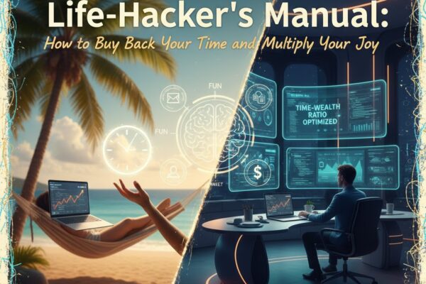 A split-screen creative edit showing a person relaxing in a hammock on a tropical beach versus a high-tech financial workspace, titled The 2026 Life-Hacker’s Manual.