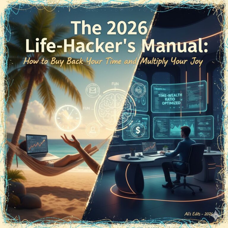 A split-screen creative edit showing a person relaxing in a hammock on a tropical beach versus a high-tech financial workspace, titled The 2026 Life-Hacker’s Manual.