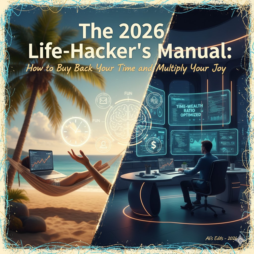A split-screen creative edit showing a person relaxing in a hammock on a tropical beach versus a high-tech financial workspace, titled The 2026 Life-Hacker’s Manual.
