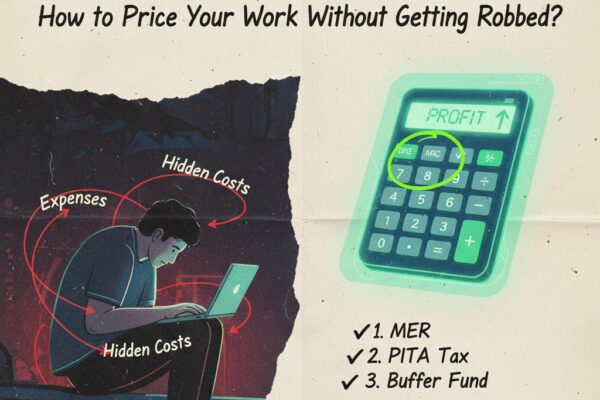 Hand-drawn style illustration of a tired freelancer surrounded by red arrows labeled 'Expenses' and 'Hidden Costs', next to a glowing calculator showing 'PROFIT' and a handwritten checklist.