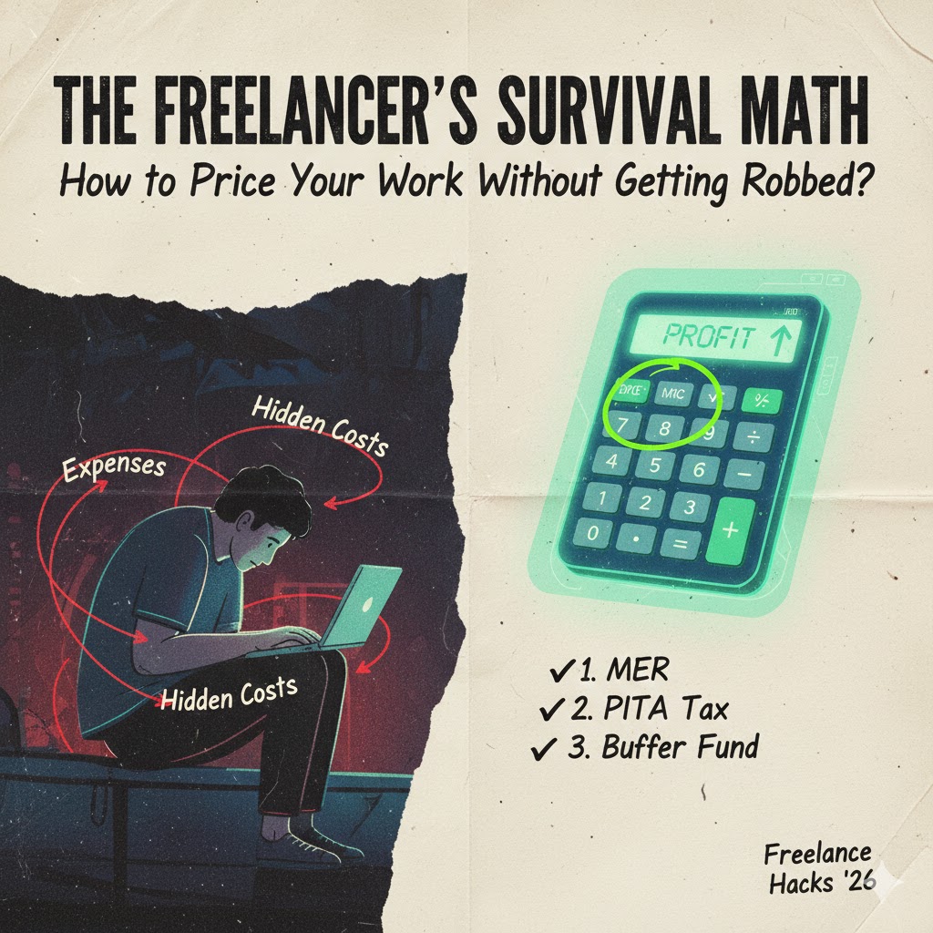 Hand-drawn style illustration of a tired freelancer surrounded by red arrows labeled 'Expenses' and 'Hidden Costs', next to a glowing calculator showing 'PROFIT' and a handwritten checklist.