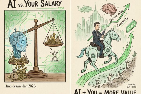 A two-panel hand-drawn illustration. The left side shows a balance scale with a robot head and bags of money. The right side shows a man riding a robotic horse uphill towards higher "Human Value" and "Salary" goals, representing the synergy between AI and human creativity.