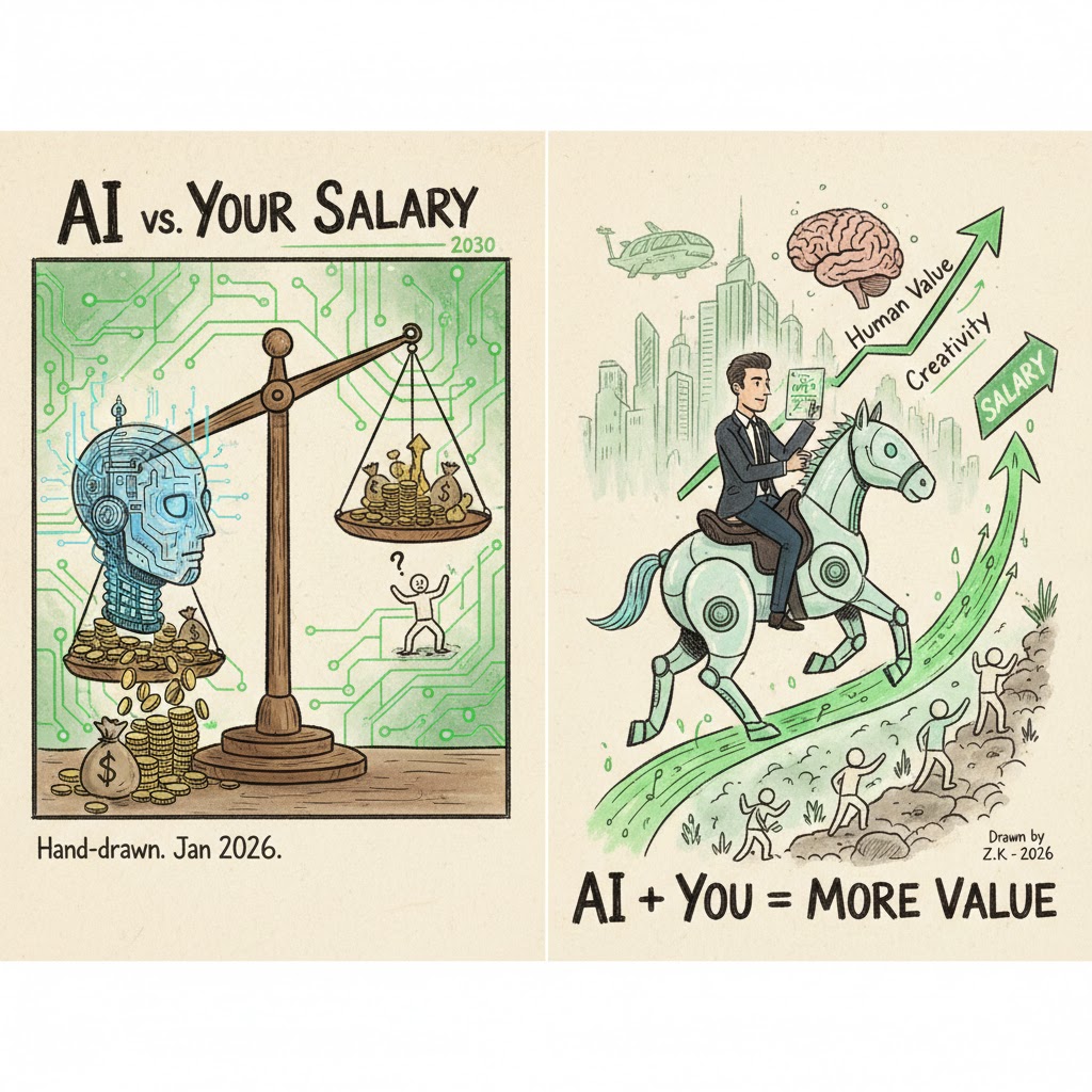 A two-panel hand-drawn illustration. The left side shows a balance scale with a robot head and bags of money. The right side shows a man riding a robotic horse uphill towards higher "Human Value" and "Salary" goals, representing the synergy between AI and human creativity.