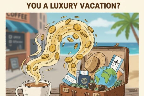 A creative illustration of a steaming coffee cup on a wooden table. The steam transforms into a swirl of gold coins that flow directly into an open travel suitcase filled with a globe, passport, and vacation gear, with a tropical beach in the background.