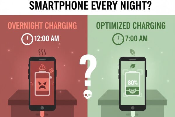 Comparison of a red, overheating phone charging at midnight vs. a cool, green phone at 80% with optimized charging at 7:00 AM