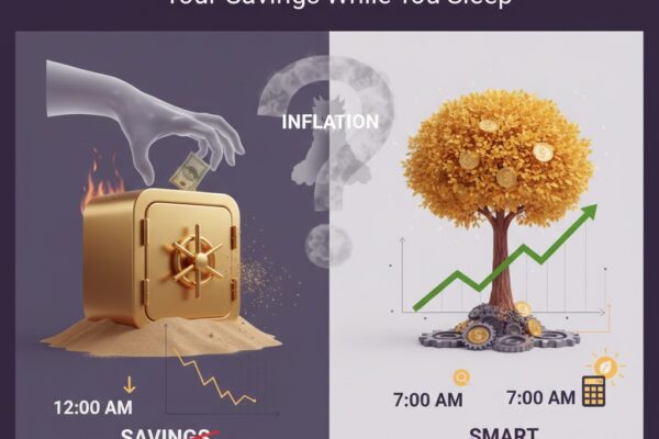 A split comparison: Left side shows a hand stealing money from a burning 'Savings' safe at midnight. Right side shows a glowing golden money tree growing upwards at 7:00 AM, representing 'Smart Investments'