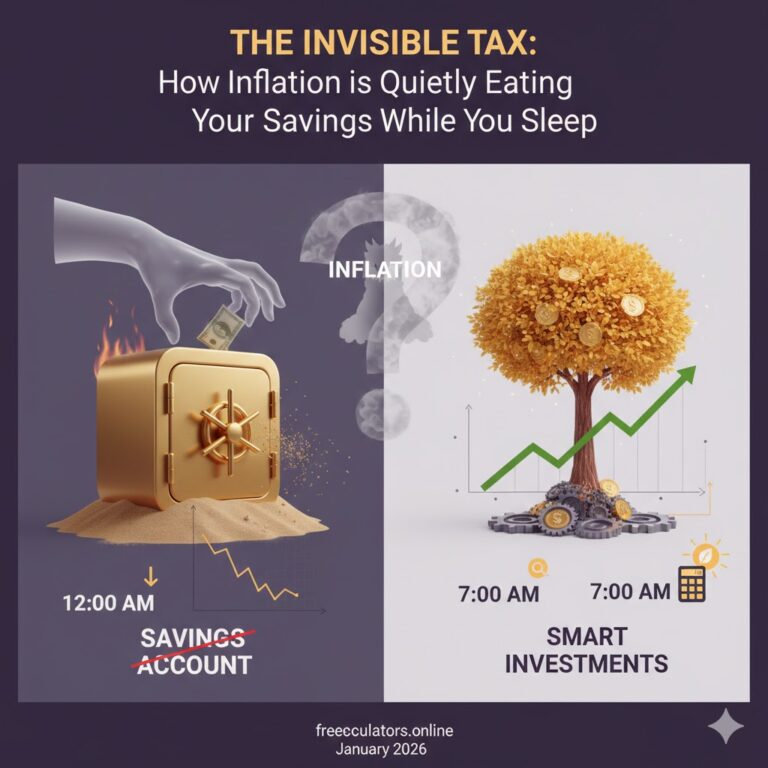 A split comparison: Left side shows a hand stealing money from a burning 'Savings' safe at midnight. Right side shows a glowing golden money tree growing upwards at 7:00 AM, representing 'Smart Investments'