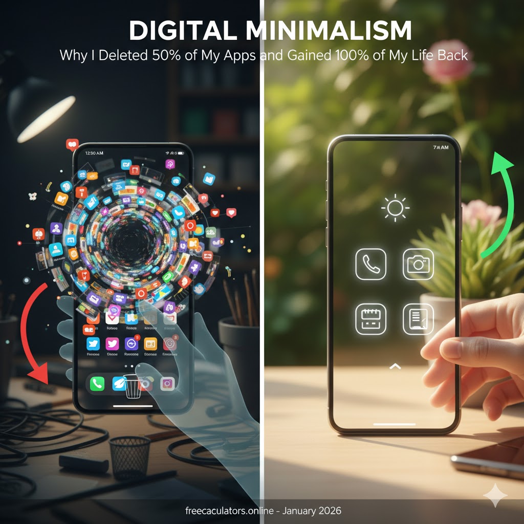 Comparison of a messy, app-cluttered phone vs. a clean, minimalist screen in a peaceful garden.