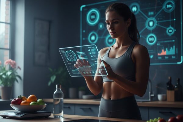 A fit woman in a kitchen using a glowing transparent digital tablet to track her health metrics and BMR data.
