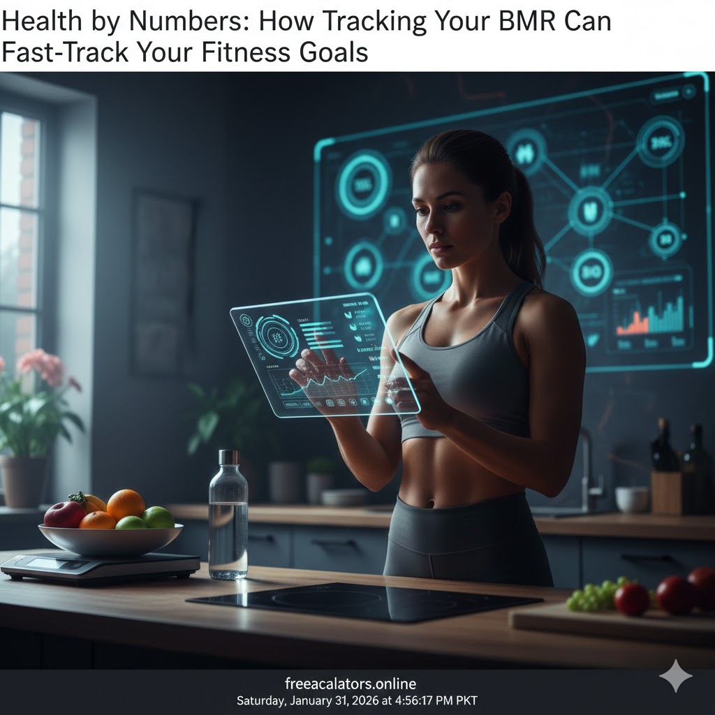 A fit woman in a kitchen using a glowing transparent digital tablet to track her health metrics and BMR data.