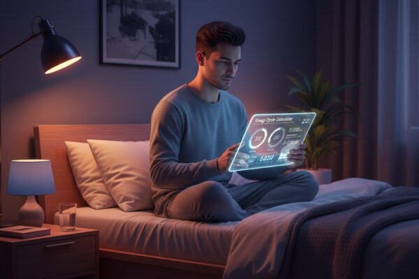 A man sitting on a bed in a dimly lit room, looking at a glowing holographic sleep cycle calculator to plan his rest.