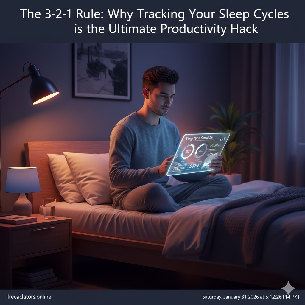 A man sitting on a bed in a dimly lit room, looking at a glowing holographic sleep cycle calculator to plan his rest.