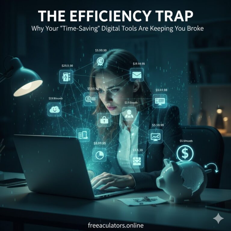 A high-tech digital graphic for frecalculators.online showing a professional woman overwhelmed by glowing subscription icons and price tags, illustrating the "Efficiency Trap" concept.