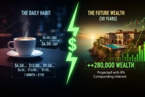 A financial infographic comparing a $6.50 daily coffee habit to a $280,000 retirement villa over 30 years with compound interest visualization.