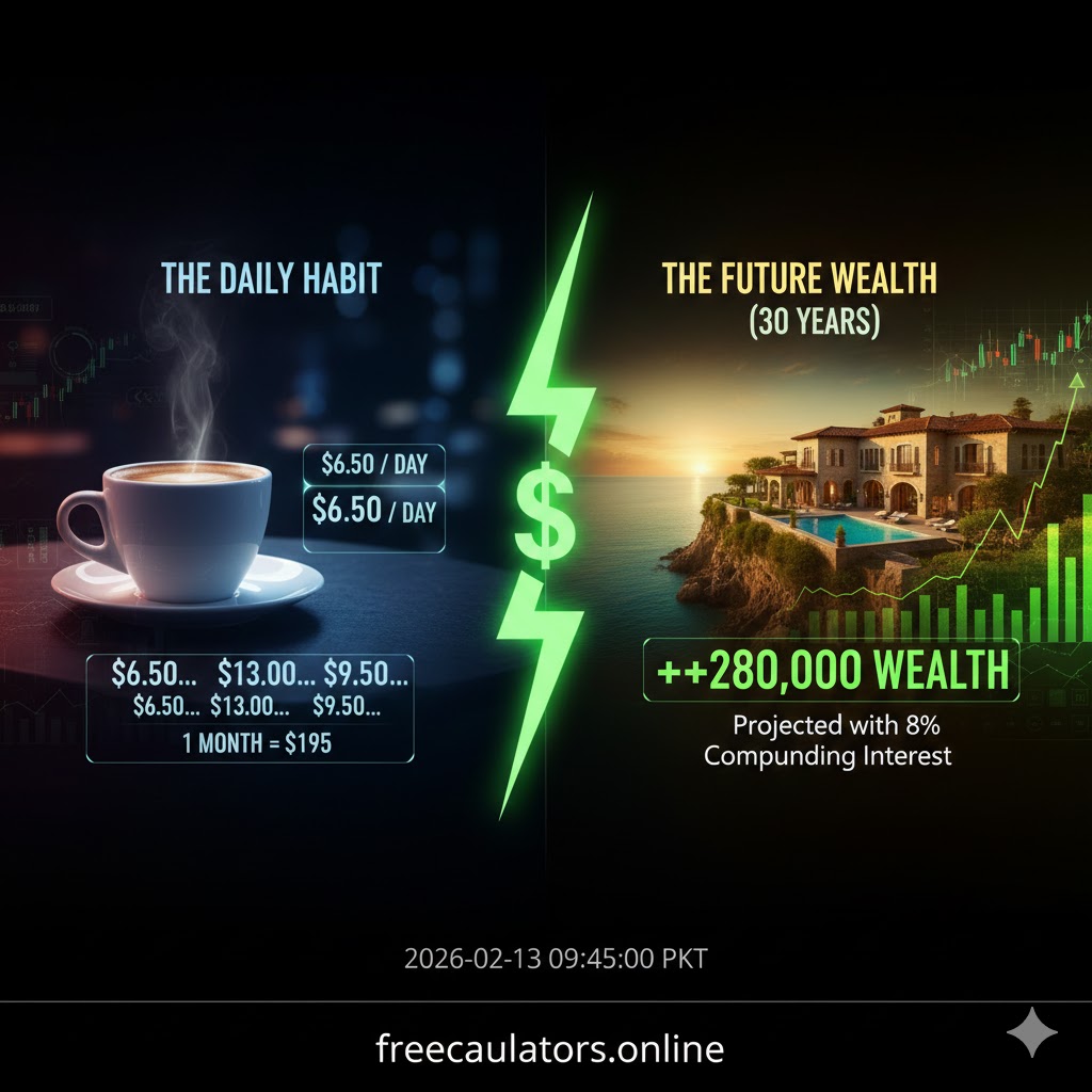 A financial infographic comparing a $6.50 daily coffee habit to a $280,000 retirement villa over 30 years with compound interest visualization.