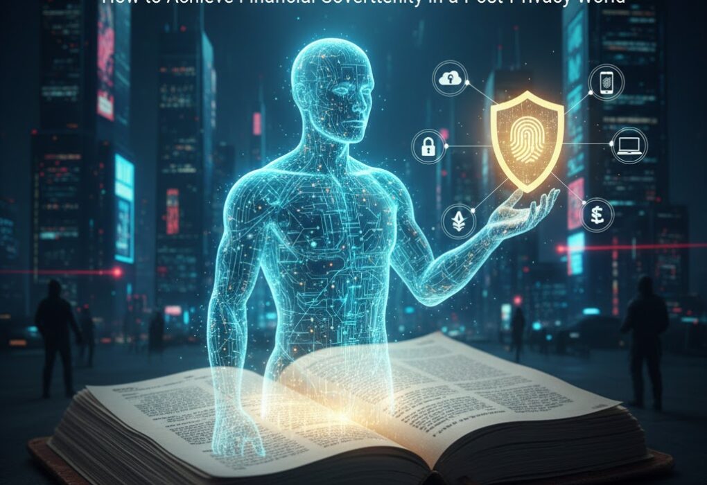 A translucent glowing digital human figure emerging from a physical ledger book, holding a fingerprint shield surrounded by financial icons like dollars, laptops, and cloud security in a futuristic 2026 city.