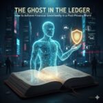 A translucent glowing digital human figure emerging from a physical ledger book, holding a fingerprint shield surrounded by financial icons like dollars, laptops, and cloud security in a futuristic 2026 city.