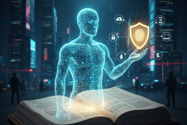 A translucent glowing digital human figure emerging from a physical ledger book, holding a fingerprint shield surrounded by financial icons like dollars, laptops, and cloud security in a futuristic 2026 city.
