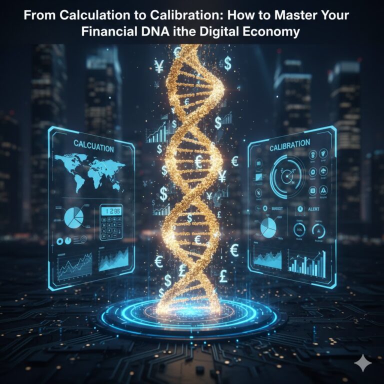 A glowing DNA helix made of golden currency symbols and financial data charts, representing digital wealth calibration.