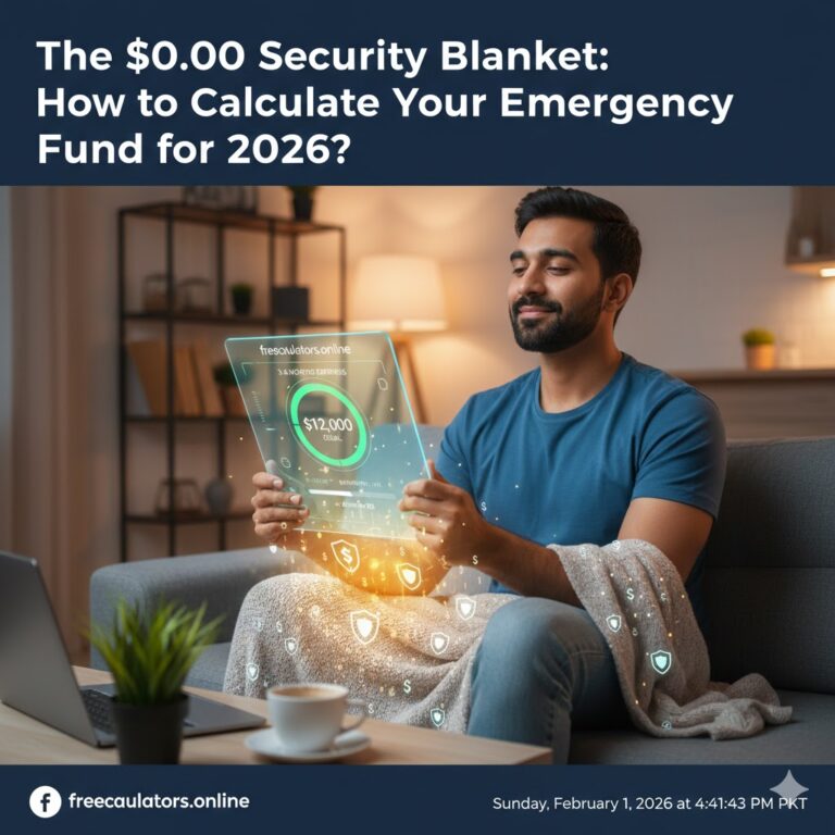 A man sitting comfortably on a sofa with a physical blanket, holding a glowing digital interface that shows a $12,000 emergency fund goal and shield icons representing financial security.