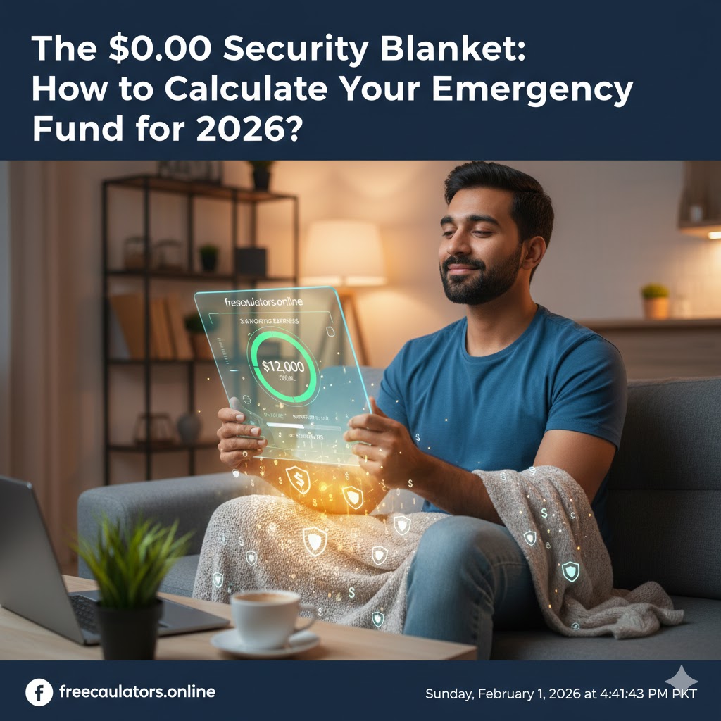 A man sitting comfortably on a sofa with a physical blanket, holding a glowing digital interface that shows a $12,000 emergency fund goal and shield icons representing financial security.