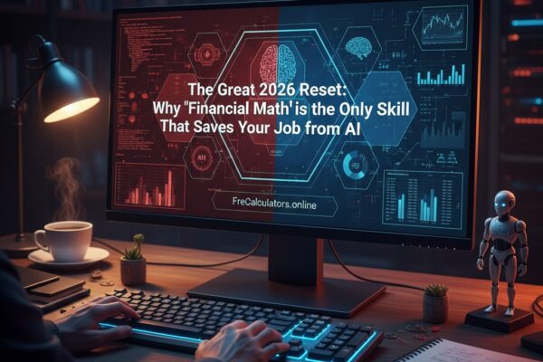 A cinematic developer desk with a glowing monitor displaying AI vs Human Brain graphics, technical charts, and the title 'The Great 2026 Reset'. Hands are typing on a backlit keyboard in a dark, professional setup.
