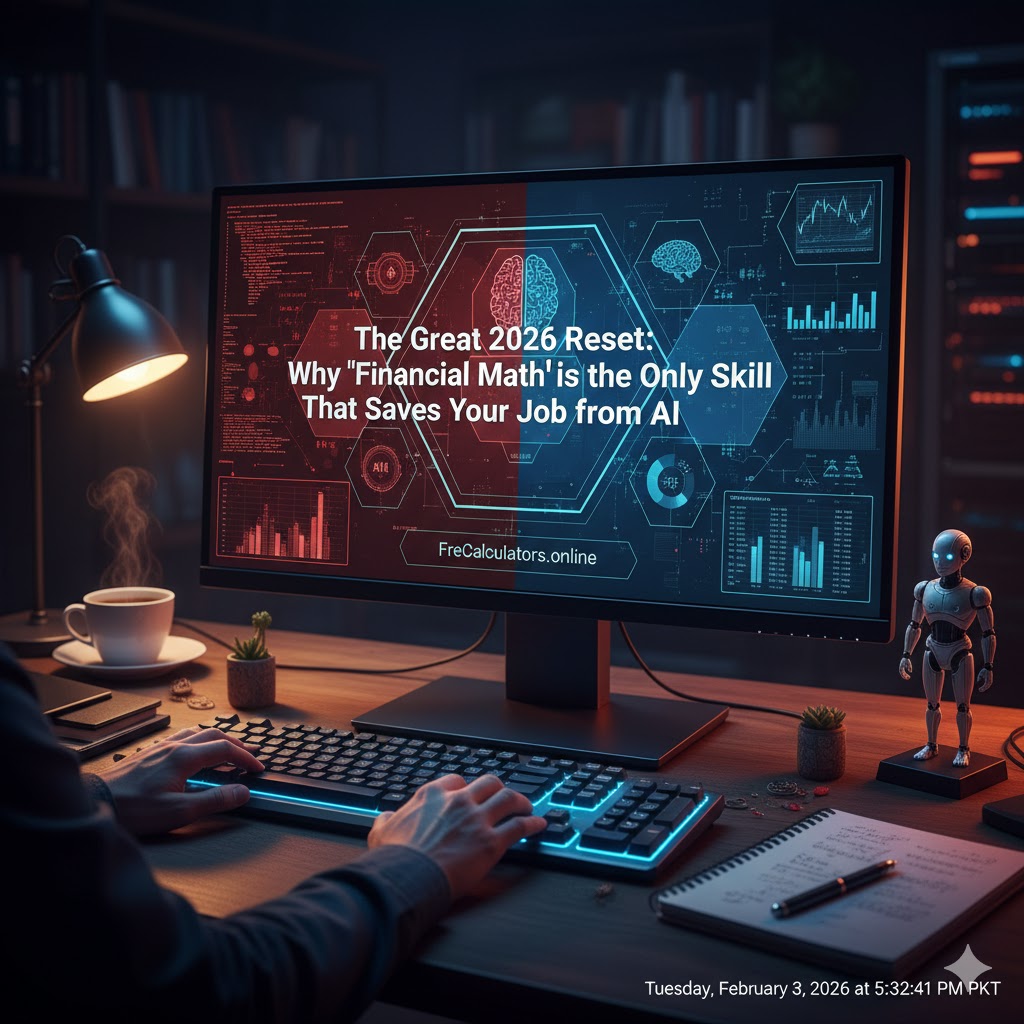A cinematic developer desk with a glowing monitor displaying AI vs Human Brain graphics, technical charts, and the title 'The Great 2026 Reset'. Hands are typing on a backlit keyboard in a dark, professional setup.