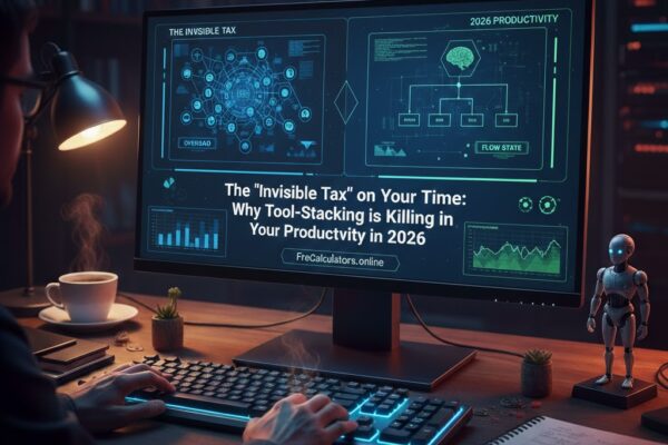 A realistic workspace showing a person multitasking with multiple browser tabs and complex apps on a screen, contrasted with a clean 'FreCalculators' interface. The lighting is moody and professional, highlighting a coffee cup and a notepad.