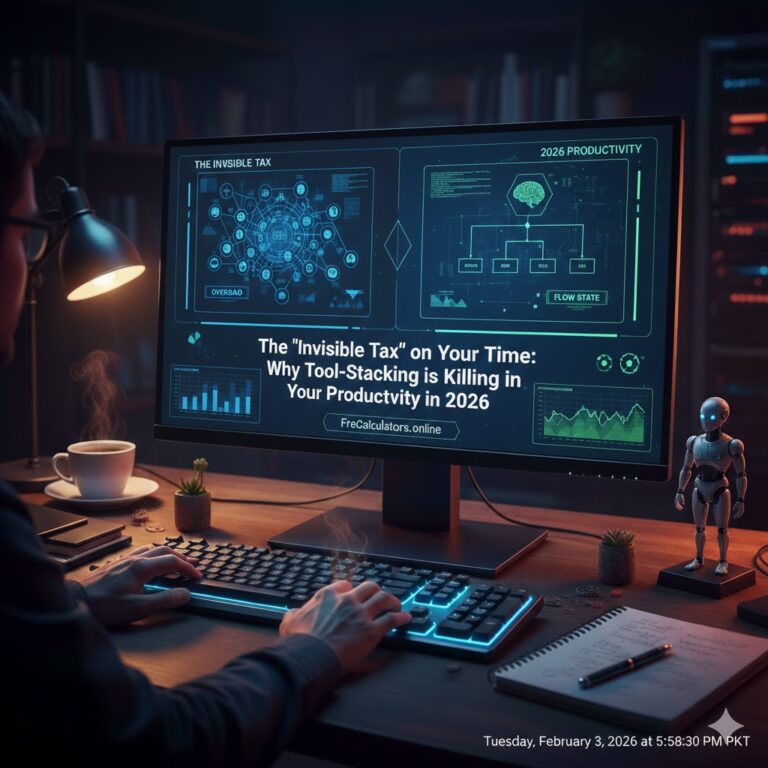 A realistic workspace showing a person multitasking with multiple browser tabs and complex apps on a screen, contrasted with a clean 'FreCalculators' interface. The lighting is moody and professional, highlighting a coffee cup and a notepad.