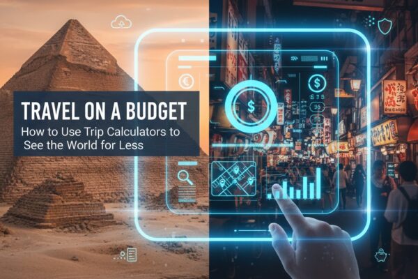 A creative collage featuring a hand holding a digital budget interface over iconic travel landmarks like the Pyramids and Eiffel Tower for frecalculators.online.