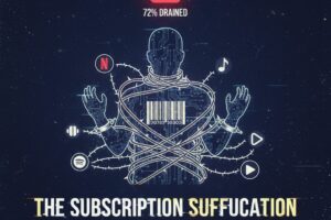 A custom-designed financial graphic for frecalculators.online showing a digital silhouette tied up by subscription icons (Netflix, Spotify, Music) with a "72% Drained" battery alert.
