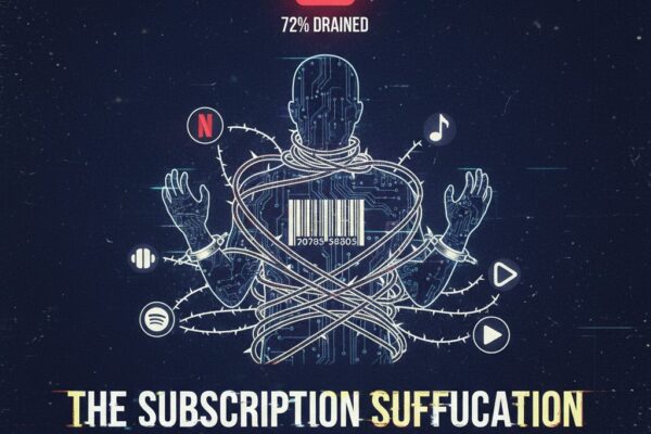 A custom-designed financial graphic for frecalculators.online showing a digital silhouette tied up by subscription icons (Netflix, Spotify, Music) with a "72% Drained" battery alert.