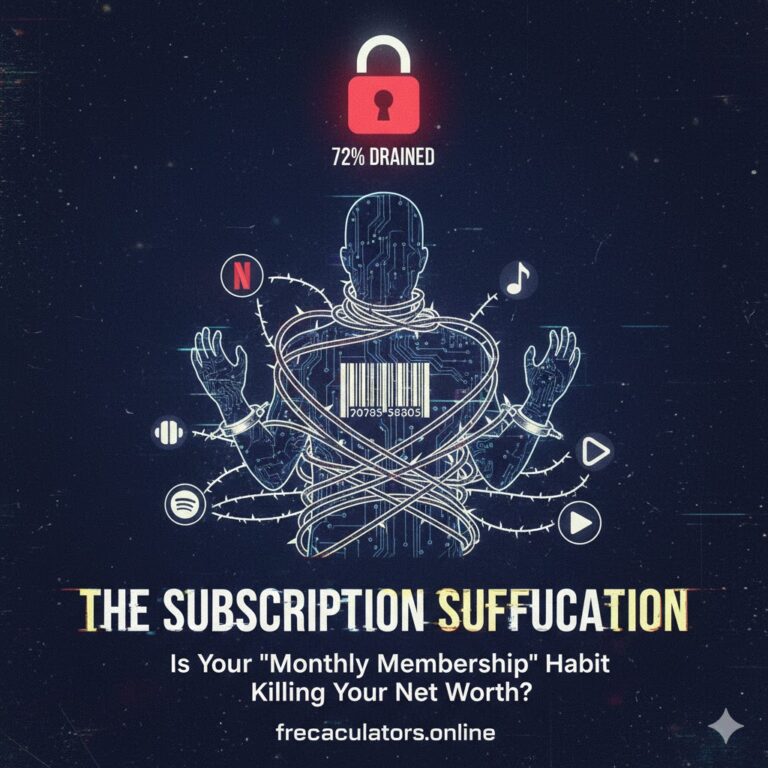 A custom-designed financial graphic for frecalculators.online showing a digital silhouette tied up by subscription icons (Netflix, Spotify, Music) with a "72% Drained" battery alert.