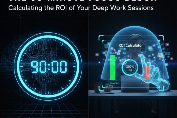 A futuristic split-screen graphic showing a glowing 90-minute digital timer and a professional using a virtual ROI calculator for deep work productivity.