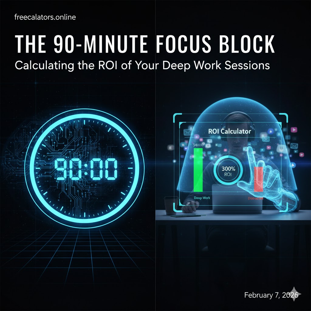 A futuristic split-screen graphic showing a glowing 90-minute digital timer and a professional using a virtual ROI calculator for deep work productivity.