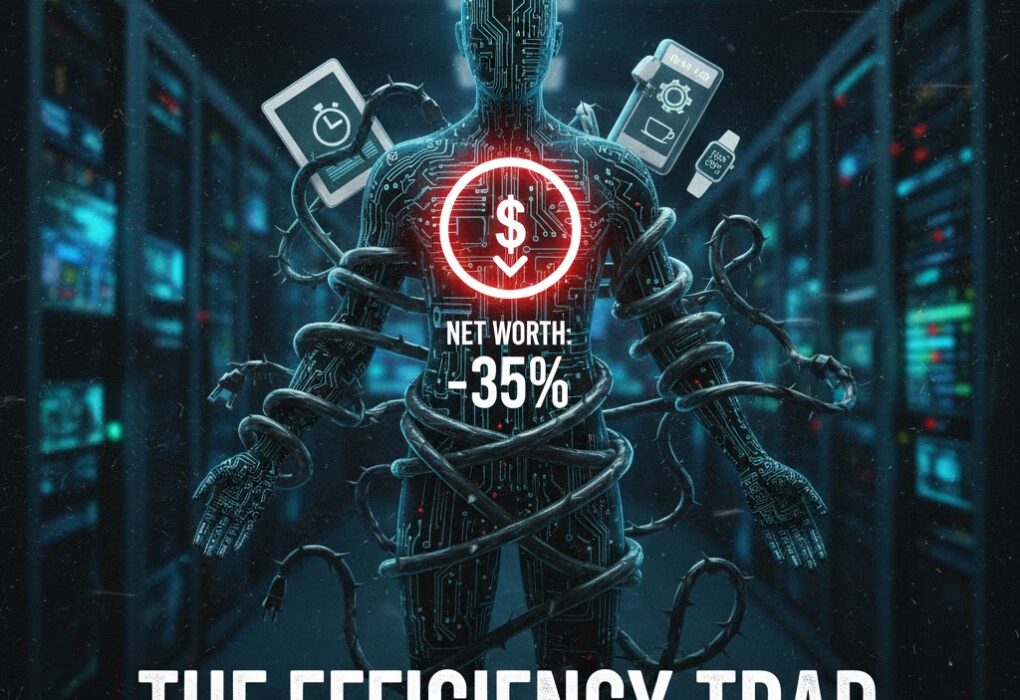 A custom-edited financial graphic for frecalculators.online showing a digital human silhouette tangled in wires and gadgets with a "Net Worth: -35%" alert in a server room setting.