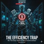 A custom-edited financial graphic for frecalculators.online showing a digital human silhouette tangled in wires and gadgets with a "Net Worth: -35%" alert in a server room setting.