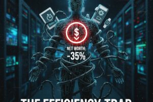 A custom-edited financial graphic for frecalculators.online showing a digital human silhouette tangled in wires and gadgets with a "Net Worth: -35%" alert in a server room setting.