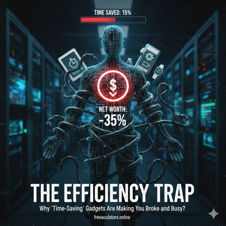 A custom-edited financial graphic for frecalculators.online showing a digital human silhouette tangled in wires and gadgets with a "Net Worth: -35%" alert in a server room setting.
