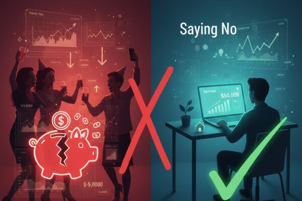 A split-screen comparison showing the financial impact of social pressure: on the left, a broken piggy bank during a party (red), and on the right, a man seeing his growing savings on a laptop after saying no (green).